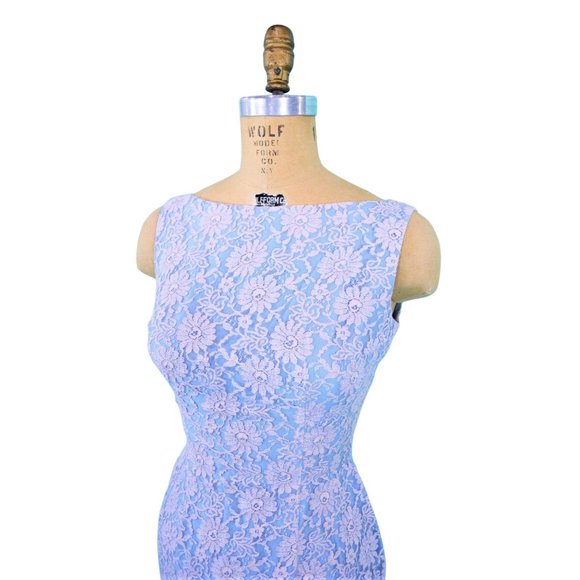 Vintage 1950s Pink Blue Lace Sheath Cocktail Dress | W 25" - Picture 4 of 7